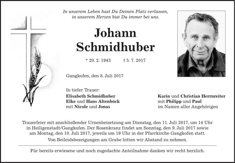 Traueranzeige Johann Schmidbauer