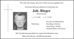 Traueranzeige Johann Rieger