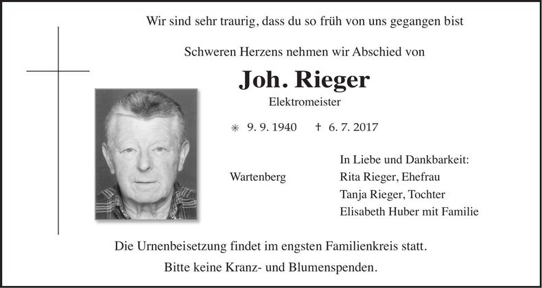 Traueranzeige Johann Rieger