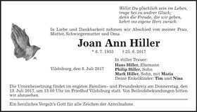 Traueranzeige Joan Ann Hiller