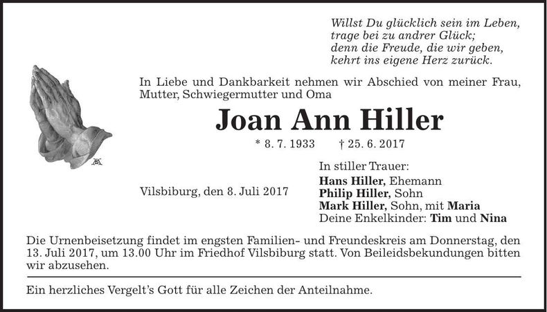Traueranzeige Joan Ann Hiller