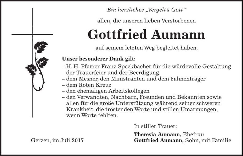 Traueranzeige Gottfried Aumann