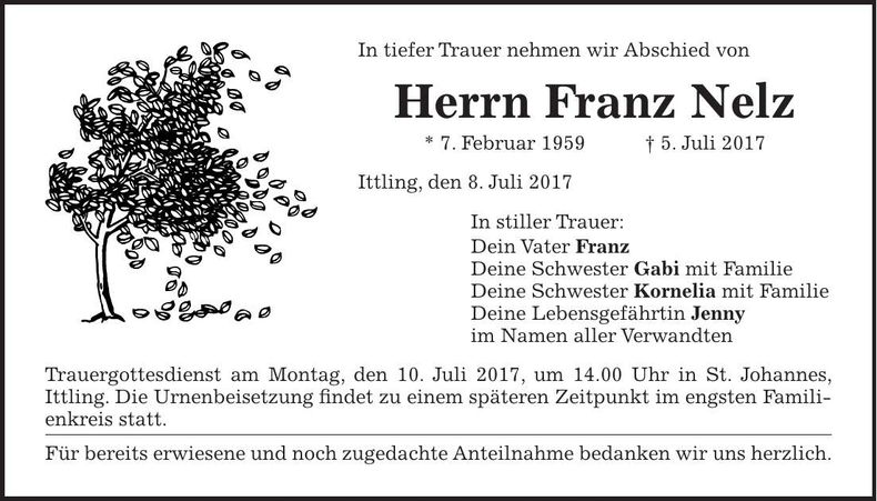 Traueranzeige Franz Nelz