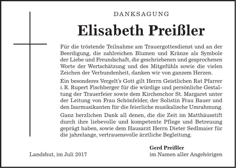 Traueranzeige Elisabeth Preißler