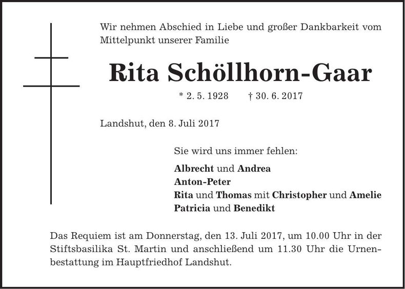 Traueranzeige Rita Schöllhorn-Gaar