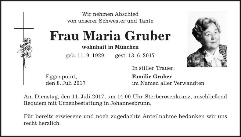 Traueranzeige Maria Gruber