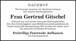Traueranzeige Gertrud Gitschel