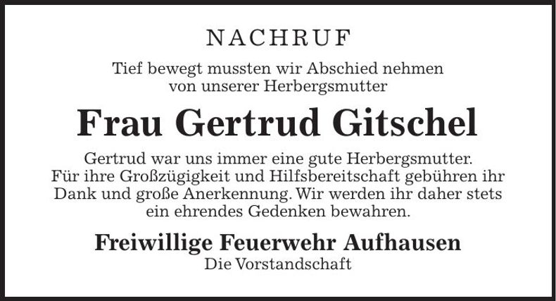 Traueranzeige Gertrud Gitschel