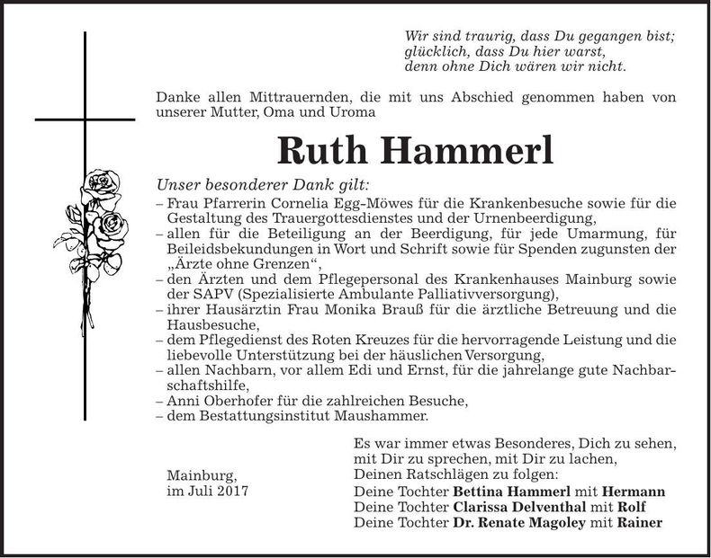Traueranzeige Ruth Hammerl