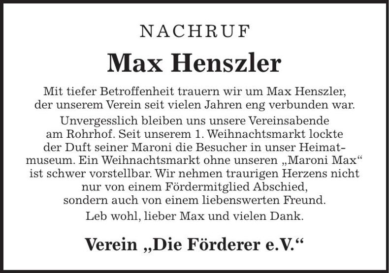 Traueranzeige Max Henszler
