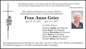 Traueranzeige Anna Geier