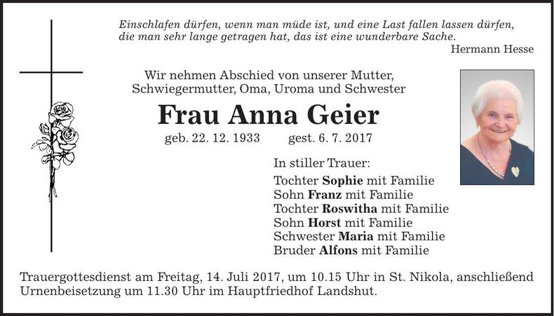 Traueranzeige Anna Geier