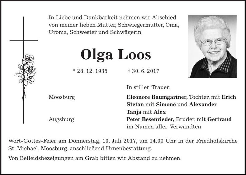 Traueranzeige Olga Loos