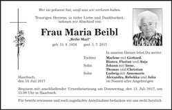 Traueranzeige Maria Beibl