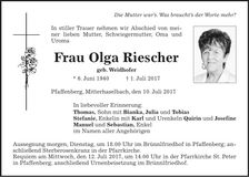 Traueranzeige Olga Riescher