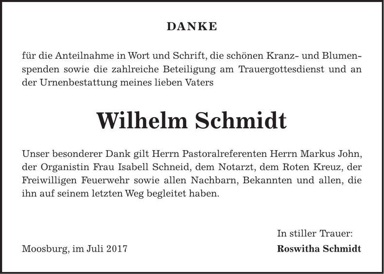 Traueranzeige Wilhelm Schmidt
