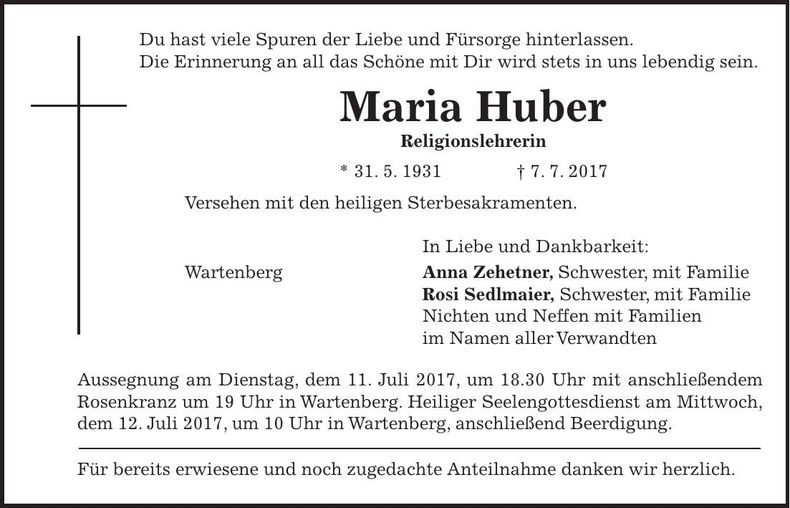 Traueranzeige Maria Huber