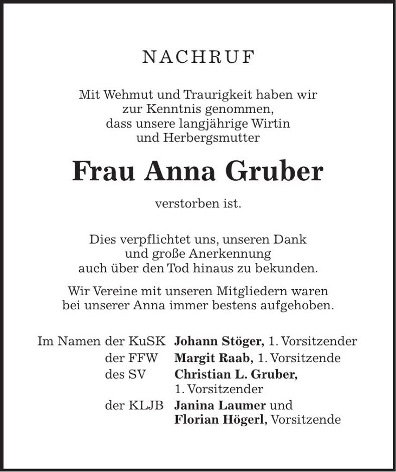 Traueranzeige Anna Gruber