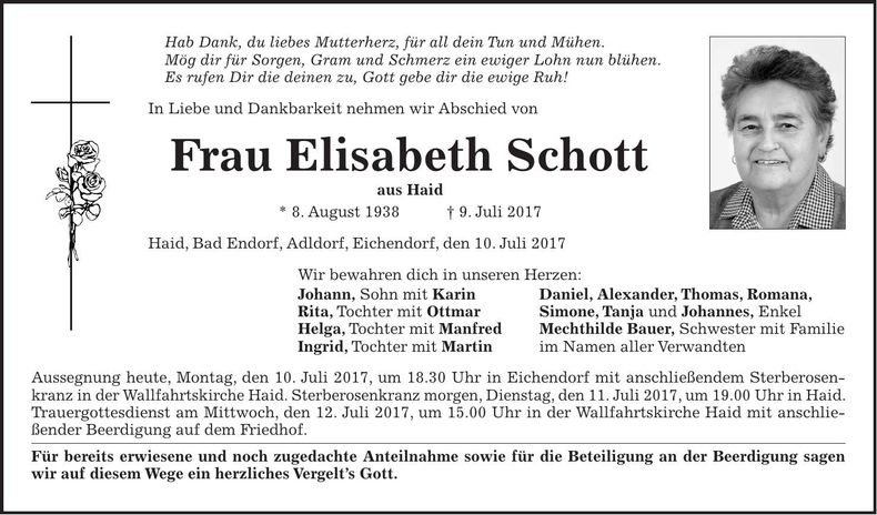 Traueranzeige Elisabeth Schott