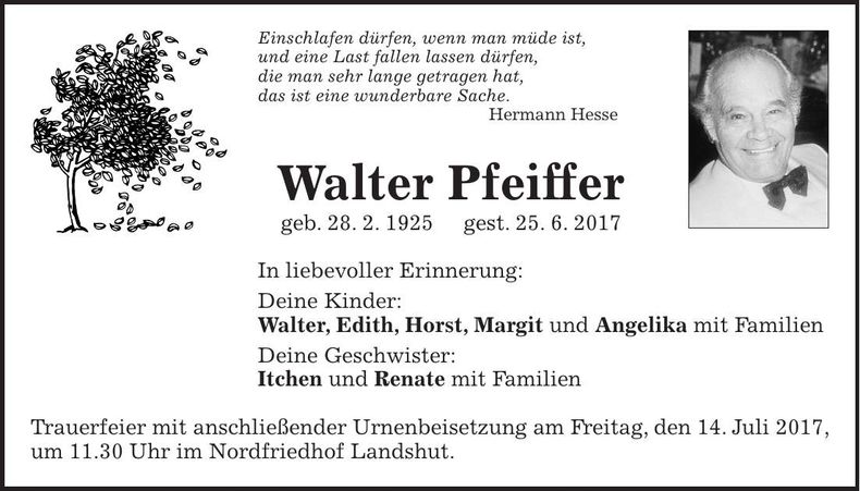 Traueranzeige Walter Pfeiffer