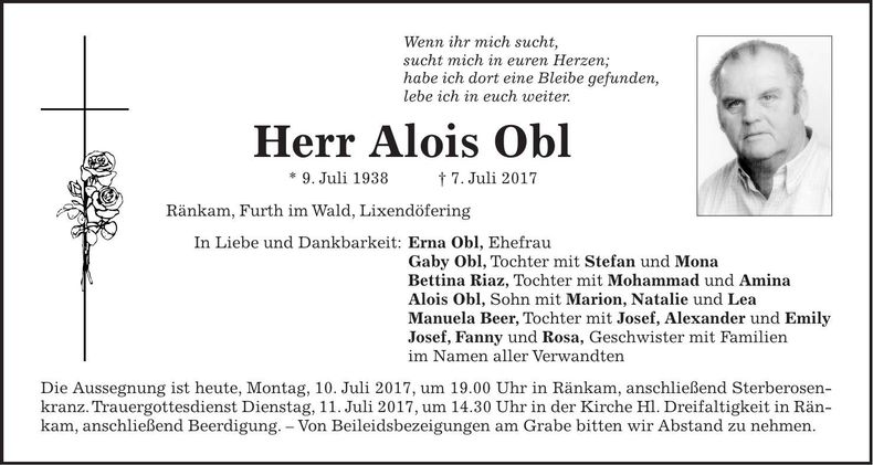 Traueranzeige Alois Obl