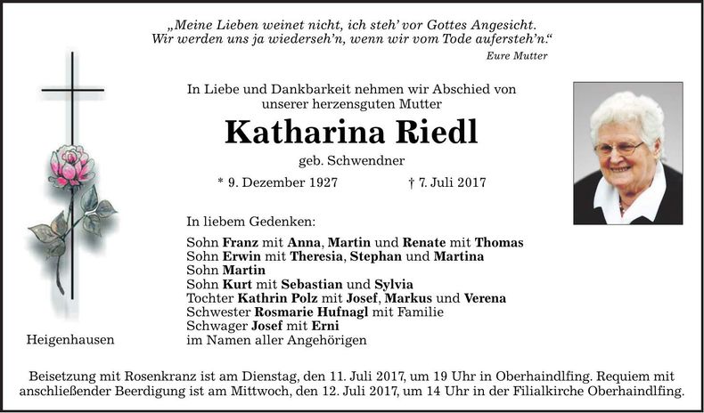Traueranzeige Katharina Riedl