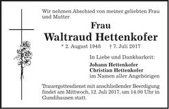 Traueranzeige Waltraud Hettenkofer