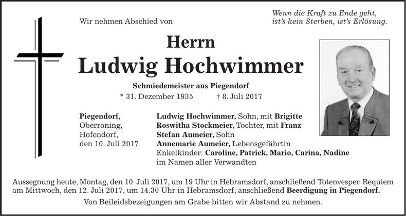 Traueranzeige Ludwig Hochwimmer