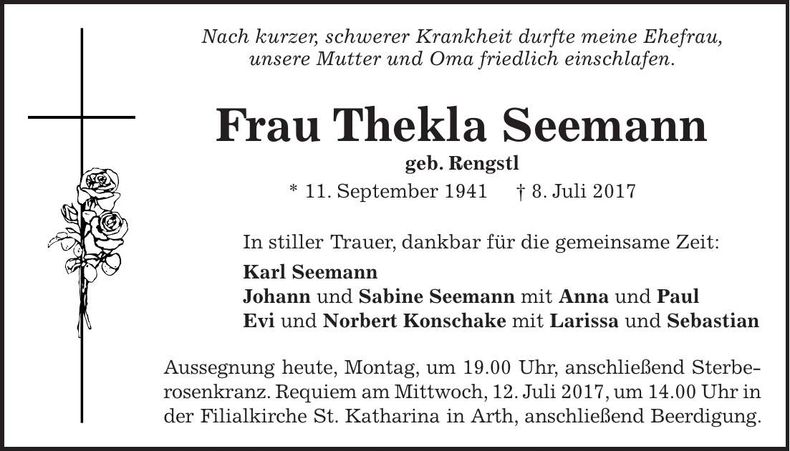Traueranzeige Thekla Seemann