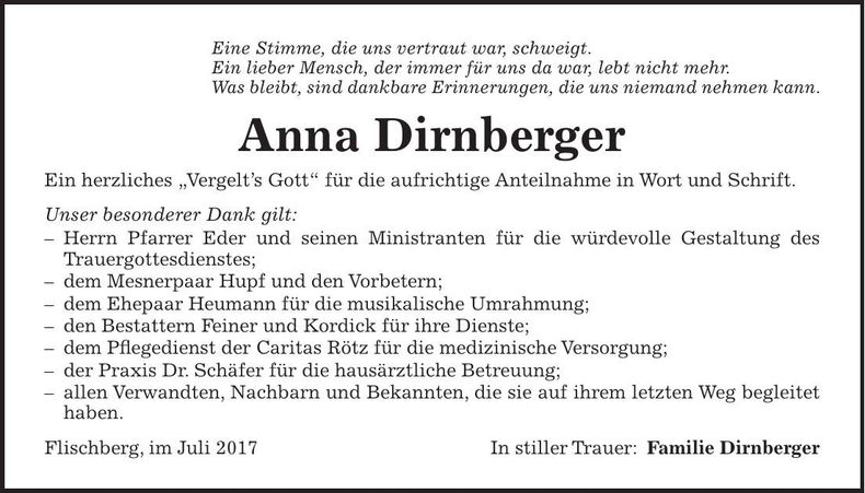 Traueranzeige Anna Dirnberger