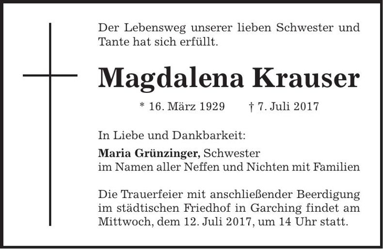 Traueranzeige Magdalena Krauser