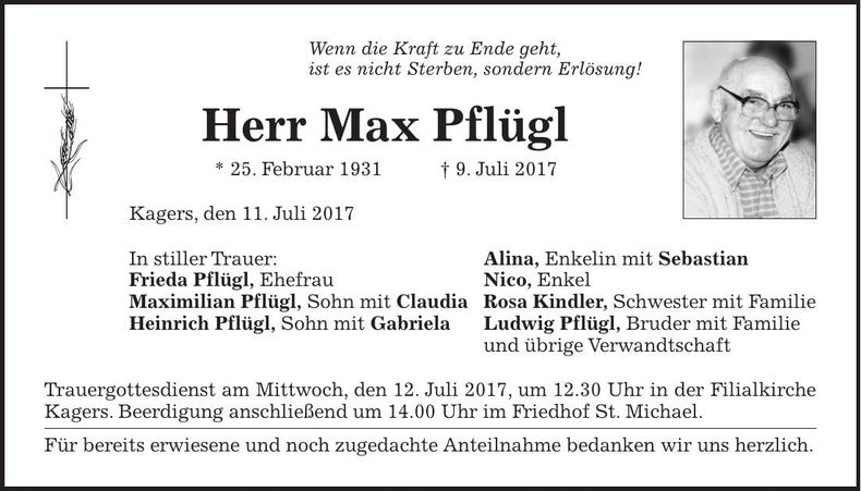 Traueranzeige Max Pflügl