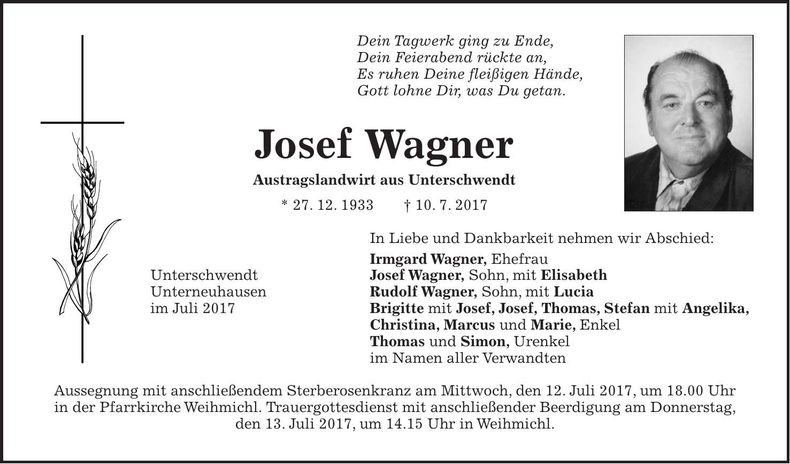 Traueranzeige Josef Wagner