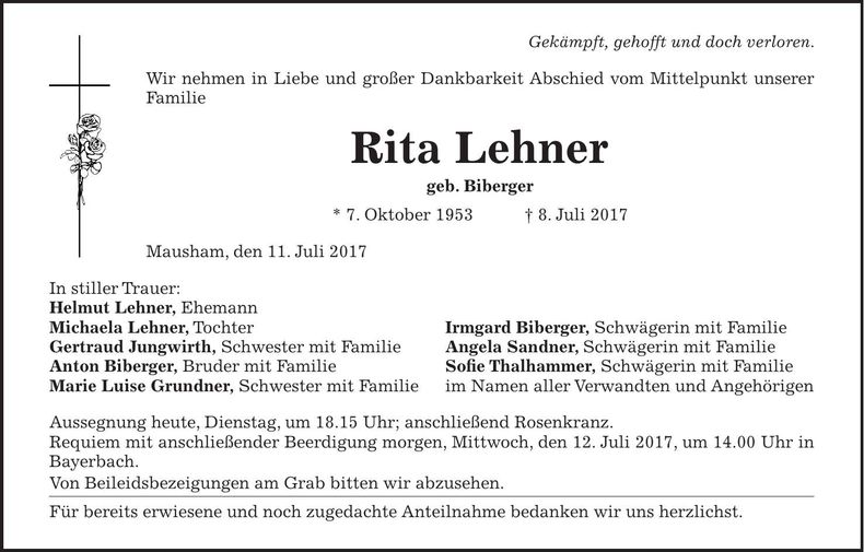 Traueranzeige Rita Lehner