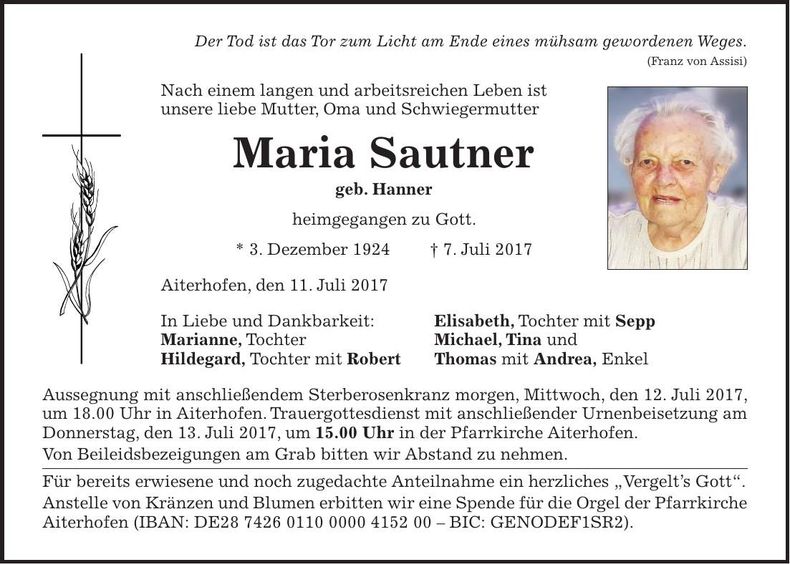 Traueranzeige Maria Sautner