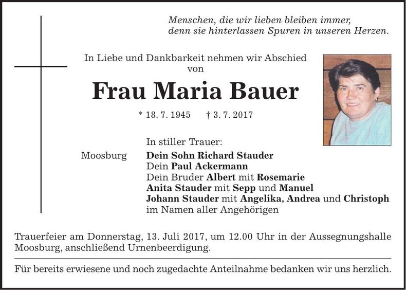 Traueranzeige Maria Bauer