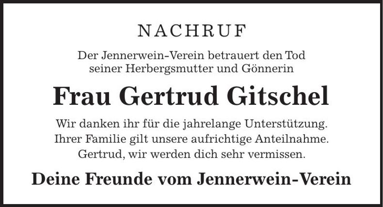 Traueranzeige Gertrud Gitschel