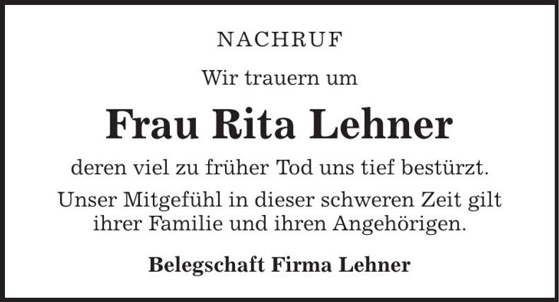 Traueranzeige Rita Lehner