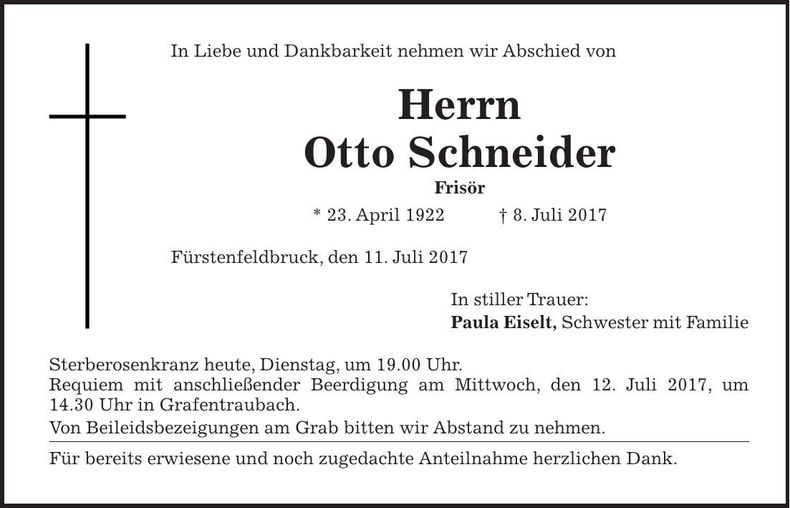 Traueranzeige Otto Schneider