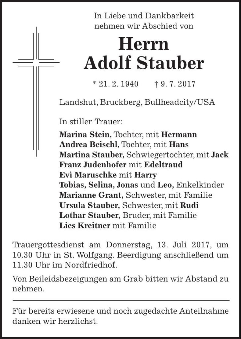 Traueranzeige Adolf Stauber