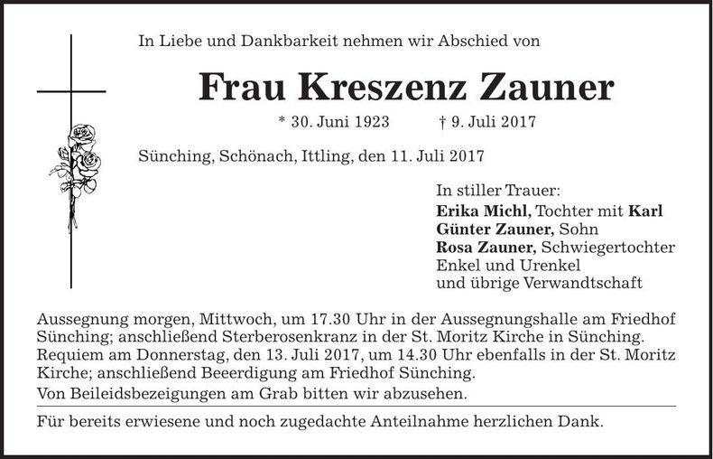 Traueranzeige Kreszenz Zauner