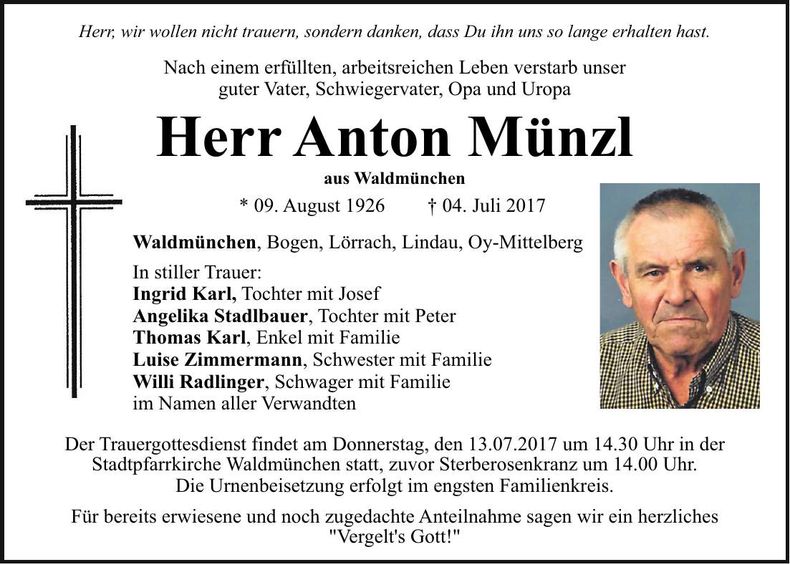 Traueranzeige Anton Münzl