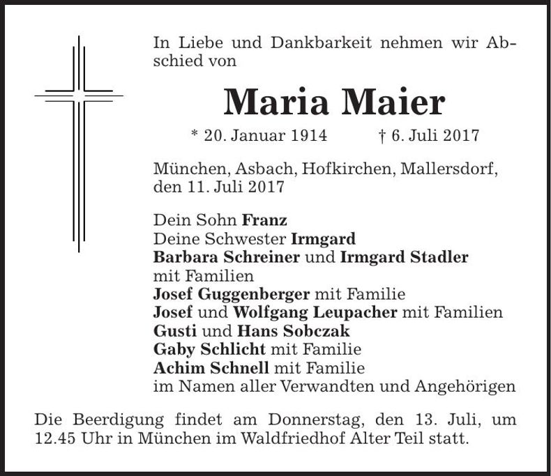 Traueranzeige Maria Maier