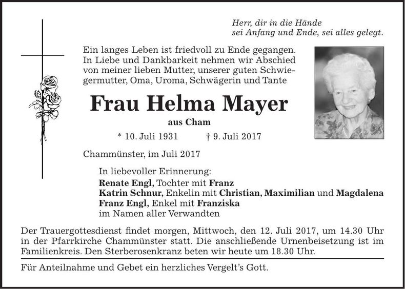 Traueranzeige Helma Mayer