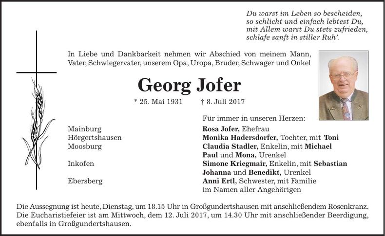 Traueranzeige Georg Jofer