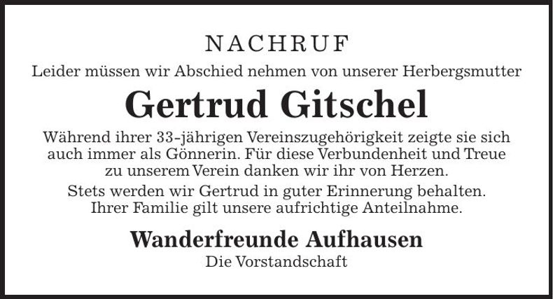 Traueranzeige Gertrud Gitschel