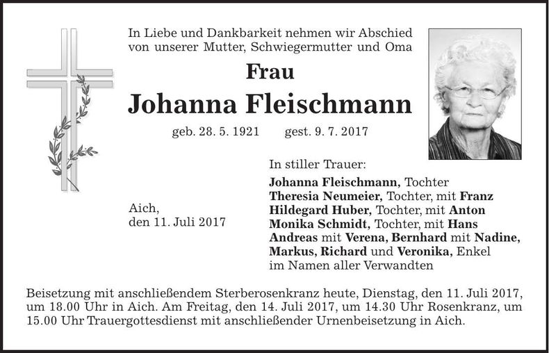 Traueranzeige Johanna Fleischmann