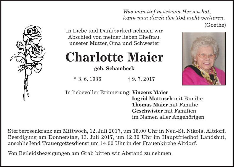 Traueranzeige Charlotte Maier