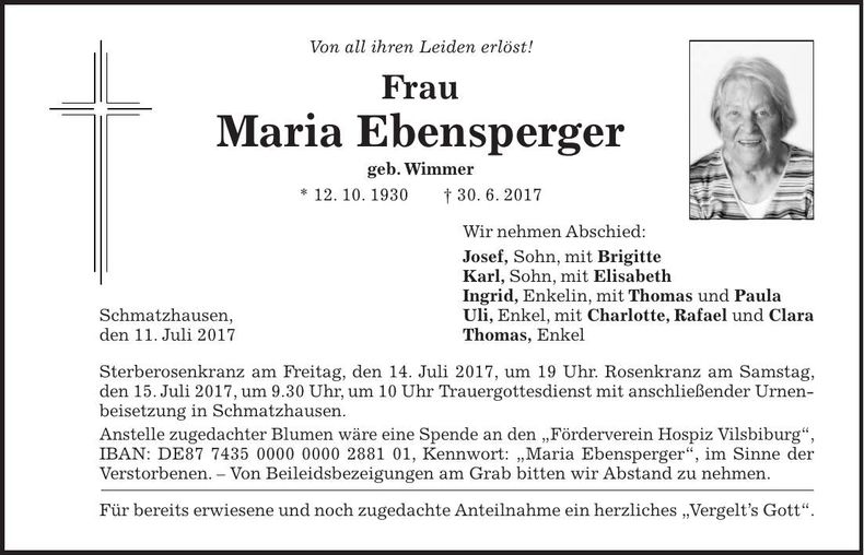 Traueranzeige Maria Ebensperger