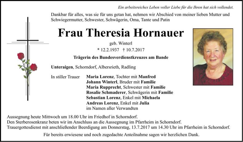 Traueranzeige Theresia Hornauer